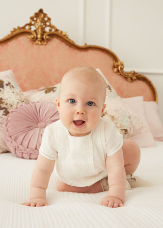 Embroidered Linen Romper in Ivory
