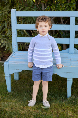 Striped Button Shoulder Sweater in Blue