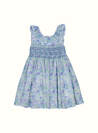 Hetty Floral Ruffle Collar Smocked Dress in Blue