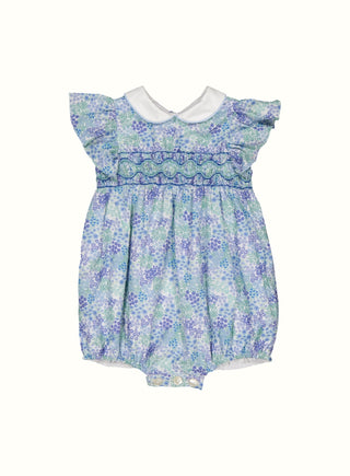 Hetty Hand Smocked Floral Romper in Blue