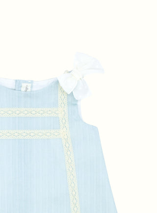 Lace Trim Bow Dress with Bloomers in Blue