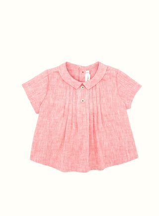 Peter Pan Collar Short Sleeve Linen Shirt in Red
