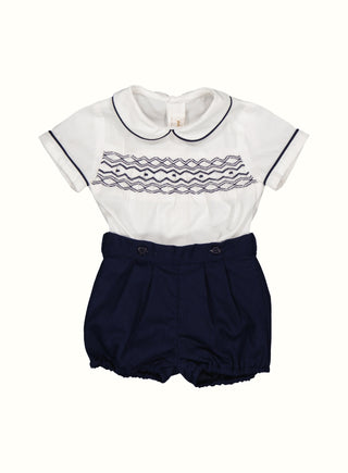 Hand Smocked Peter Pan Collar Set in White & Navy