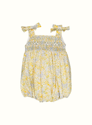 Ivy Floral Hand Smocked Bow Strap Romper in Yellow