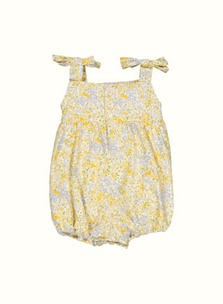 Ivy Floral Hand Smocked Bow Strap Romper in Yellow