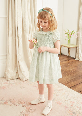 Elsie Floral Hand Smocked Ruffle Collar Dress in Green
