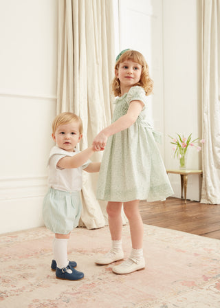 Elsie Floral Hand Smocked Ruffle Collar Dress in Green