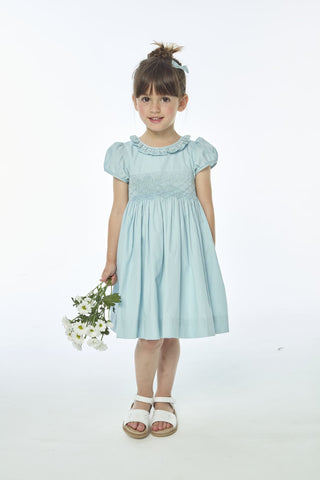 Hand Smocked Ruffle Collar Dress in Blue