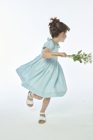 Hand Smocked Ruffle Collar Dress in Blue