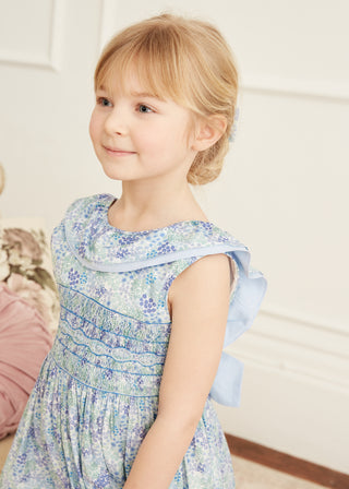 Hetty Floral Ruffle Collar Smocked Dress in Blue