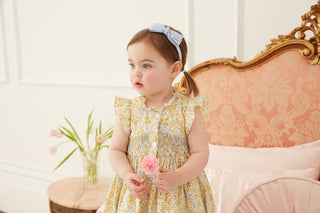 Ivy Hand Smocked Ruffle Sleeve Dress in Yellow