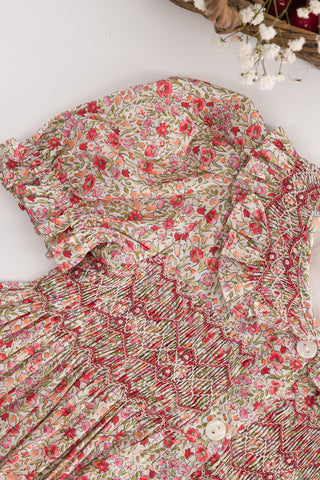 Mabel Floral Hand Smocked Dress in Red