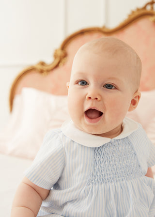 Hand Smocked Stripe Romper in Blue