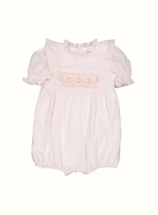 Rosie Hand Smocked Ruffle Romper in Pink