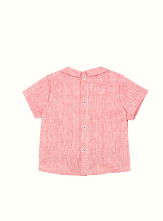 Peter Pan Collar Short Sleeve Linen Shirt in Red