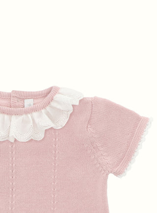 Frill Collar Knitted Romper in Pink