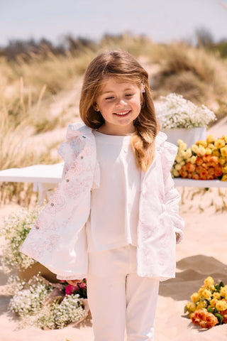 Pink Floral Print Hooded Coat in White