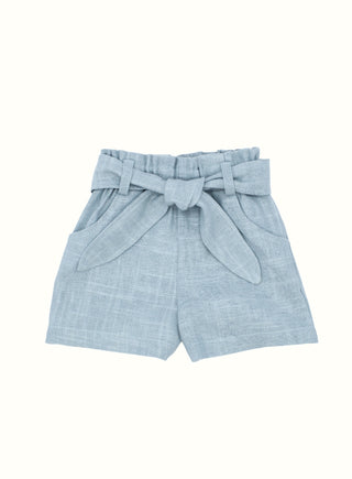 Linen Bow Belt Shorts in Green