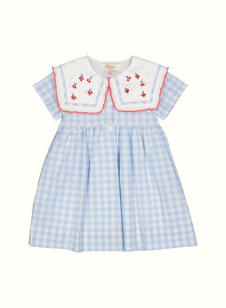 Gingham Embroidered Sailor Dress in Blue
