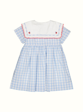 Gingham Embroidered Sailor Dress in Blue