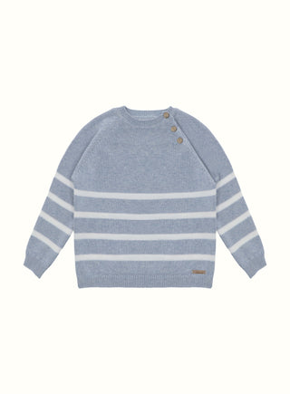 Striped Button Shoulder Sweater in Blue