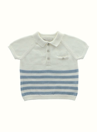 Striped Polo Knit Shirt in Ivory and Blue