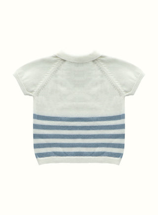 Striped Polo Knit Shirt in Ivory and Blue