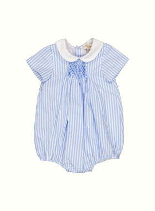 Hand Smocked Stripe Romper in Blue