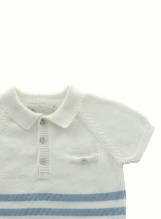 Striped Polo Knit Shirt in Ivory and Blue