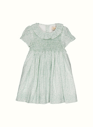 Elsie Floral Hand Smocked Ruffle Collar Dress in Green