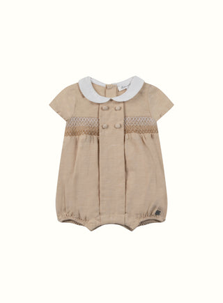 Hand Smocked Linen Romper in Beige