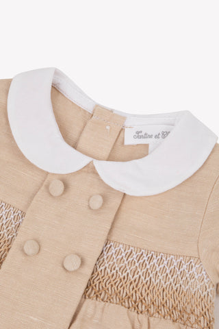 Hand Smocked Linen Romper in Beige