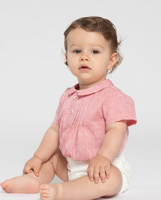 Peter Pan Collar Short Sleeve Linen Shirt in Red