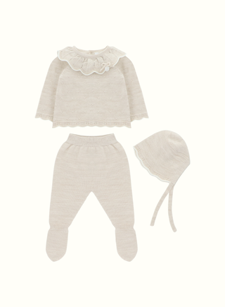Frill Knitted Baby Set in Beige with Bonnet
