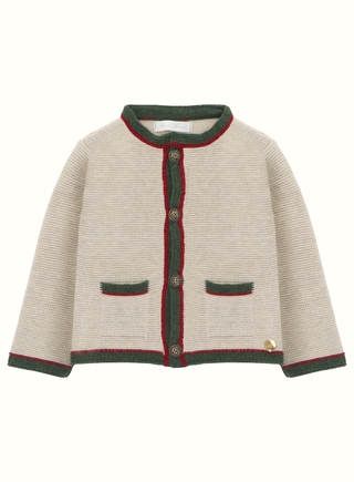 Knitted Austrian Cardigan in Beige with Red and Green Trim
