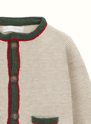 Knitted Austrian Cardigan in Beige with Red and Green Trim
