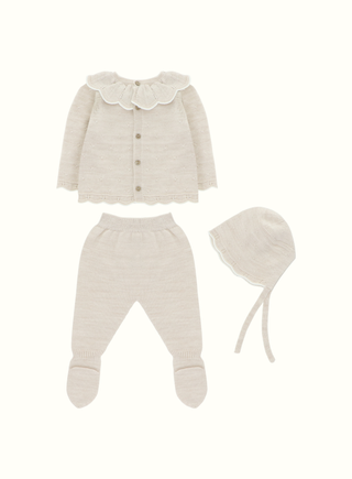 Frill Knitted Baby Set in Beige with Bonnet
