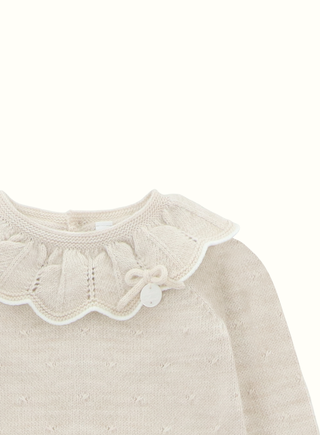 Frill Knitted Baby Set in Beige with Bonnet

