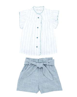 Stripped Ruffle Blouse with Linen Bow Belt Shorts   Set (2Y 6Y)
