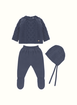 Blue Knitted Baby Boy Set with Bonnet
