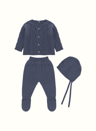 Blue Knitted Baby Boy Set with Bonnet
