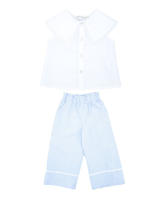 Scalloped Collar Blouse with Wide Leg Trousers in Blue   Set (2Y 6Y)
