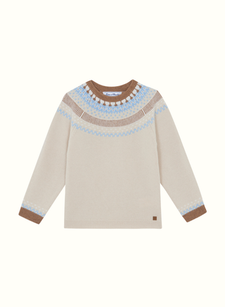 Boys Beige and Blue Fair Isle Wool Knit Sweater (5Y 6Y)
