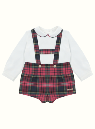 Boy Shirt and Red Tartan Dungaree Set
