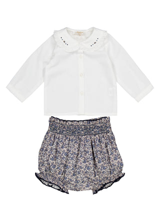 Anna Girl Bloomers in Navy with Helena Girl White Blouse with Navy Embroidery   Set (3M   2Y)
