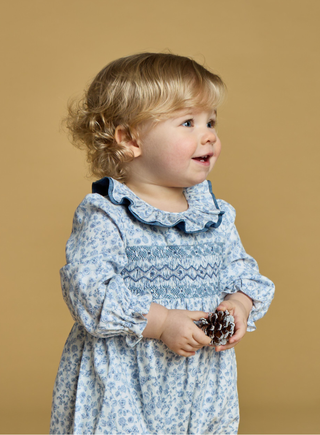Adeline Baby Girl Smocked Romper in Blue
