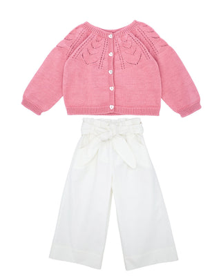 Pointelle Knit Cardigan with Wide Leg Trousers with Belt   Set (2Y 6Y)
