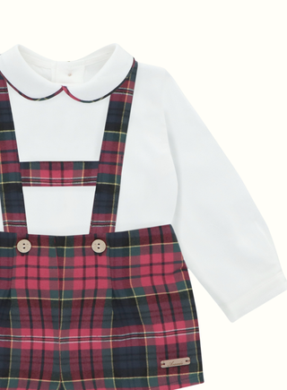 Boy Shirt and Red Tartan Dungaree Set
