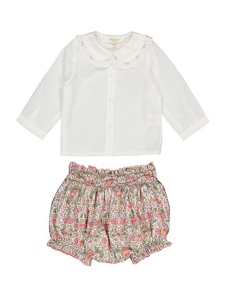 Anna Girl Bloomers in Pink with White Blouse with Pink Flower Embroidery   Set (3M  2Y)
