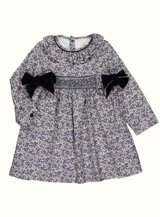 Victoria Smocked Long Sleeve Dress in Navy
